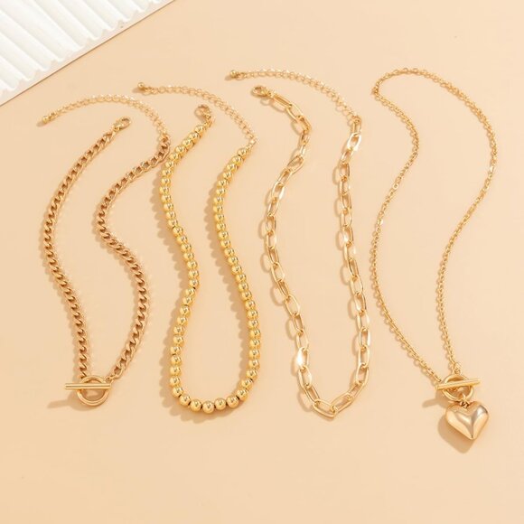 Layered Gold Necklace Set for Women Non Tarnish Chunky Paperclip Heart Pendant - Picture 6 of 7